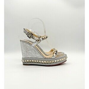 Christian Louboutin Pyraclou 110 Silver Stud Wedge Espadrille Sandals Sz EU 39